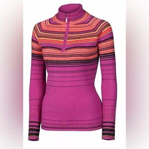 Neve Sweater Women L Merino Wool Ashley Zip Mock Neck Pullover Striped Apres Ski